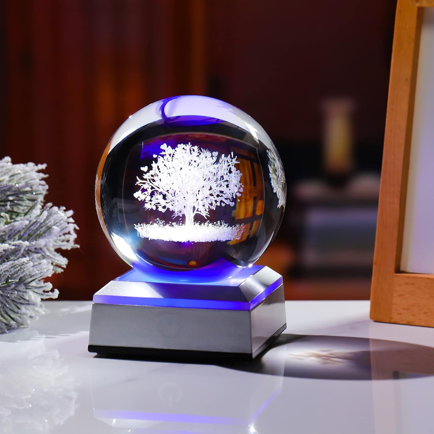 Tree of Life Engraved Crystal Ball with LED Base: image 7