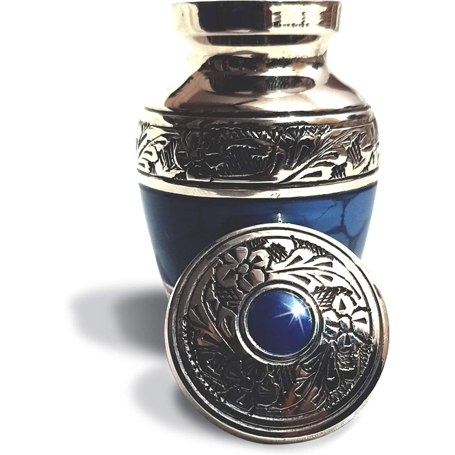 Blue Engraved Brass Keepsake Urn with Velvet Heart Case
