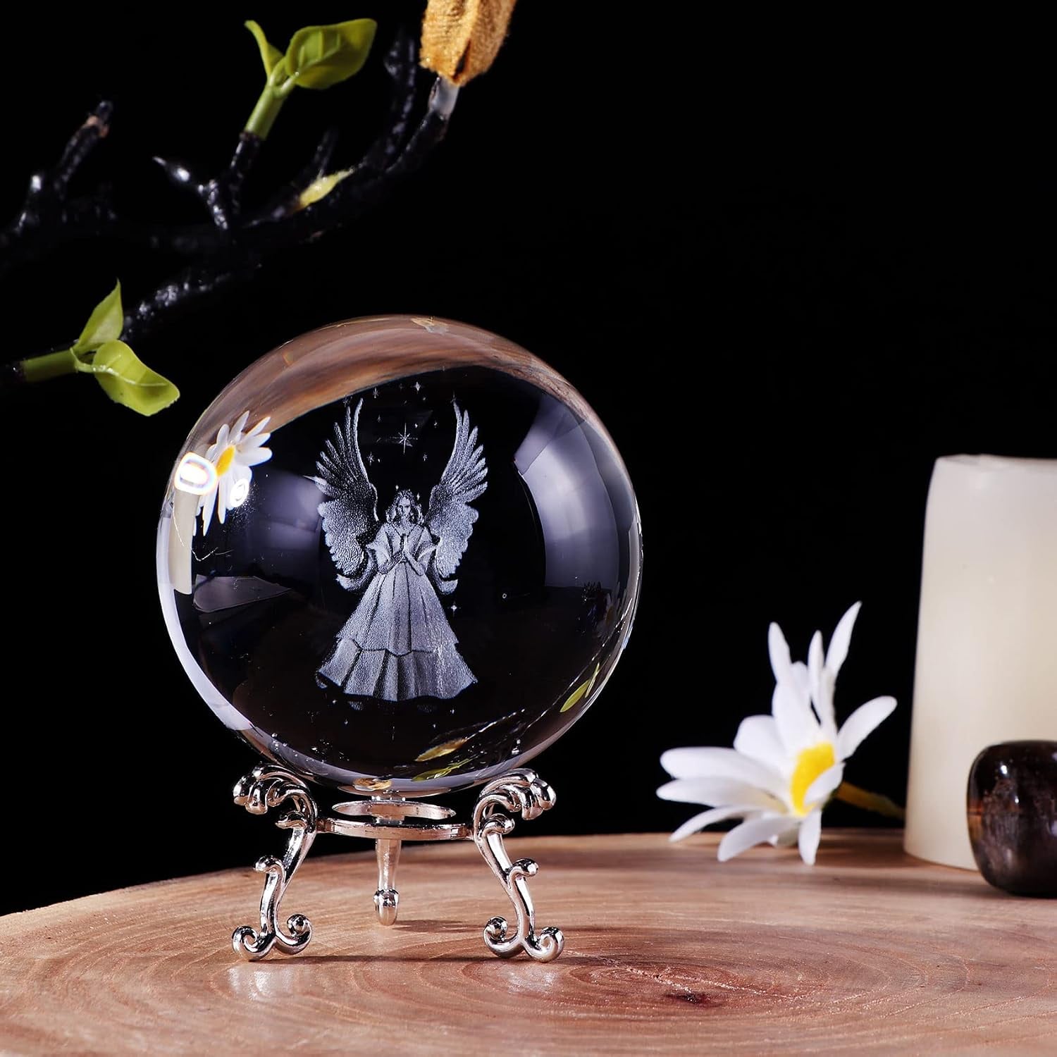 Guardian Angel Engraved Crystal Ball with Silver Stand: image 2
