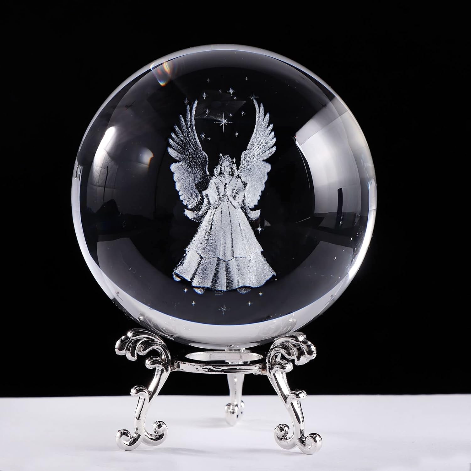 Guardian Angel Engraved Crystal Ball with Silver Stand