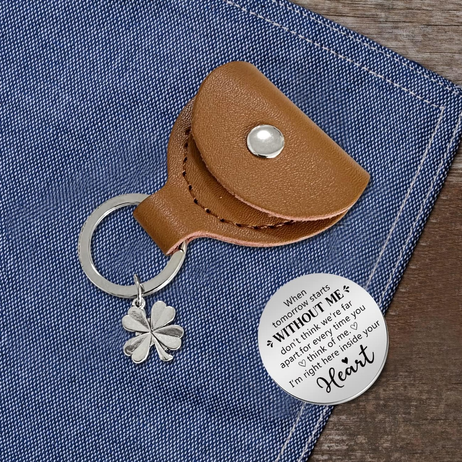 When Tomorrow Starts Without Me Engraved Pocket Hug Token with PU Leather Keychain Pouch: image 3